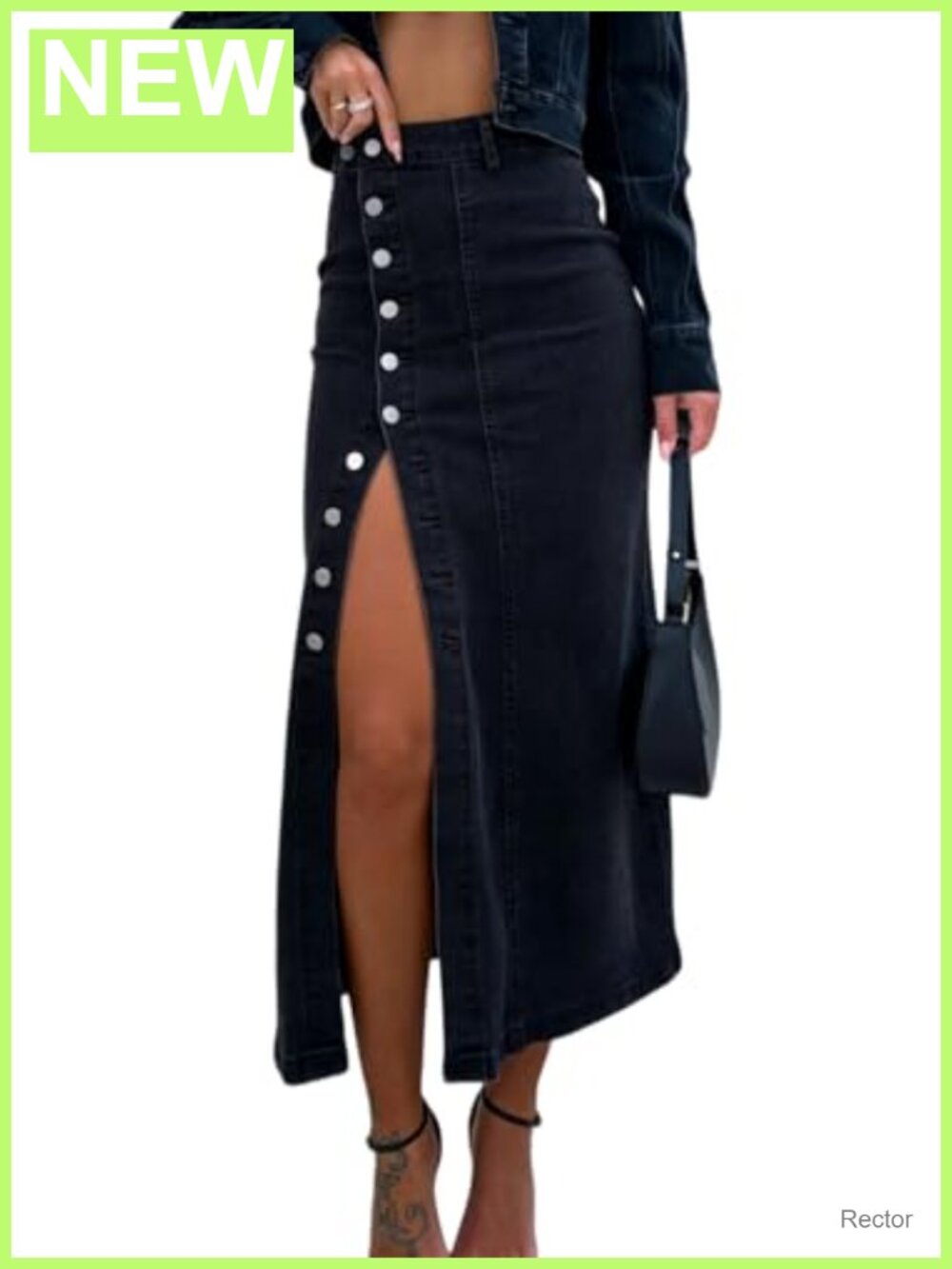 Womens Midi Denim Jean Skirt High Waisted Button Slit A-Line Stretch
